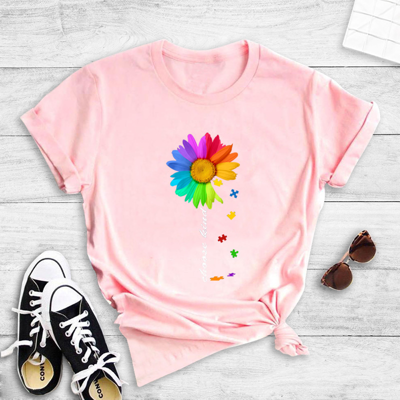 Contrast Color Sunflower English Print T-shirt display picture 5