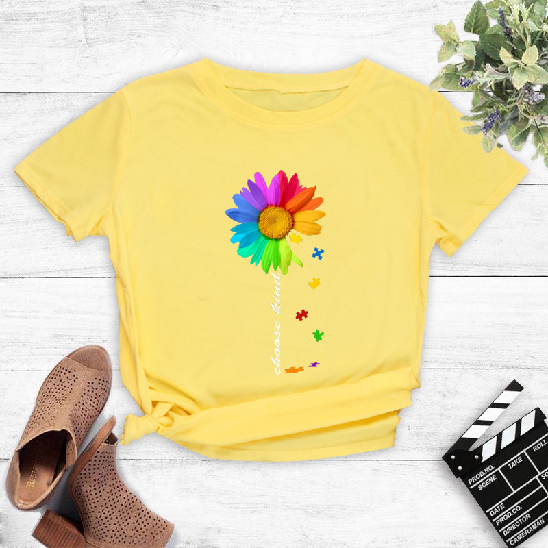 Contrast Color Sunflower English Print T-shirt display picture 6