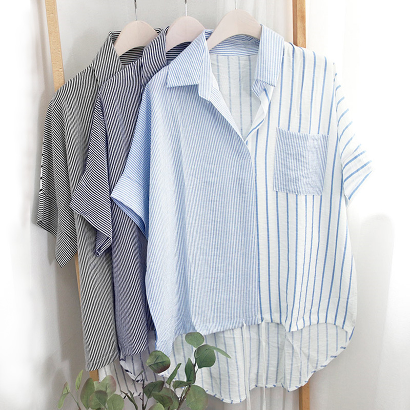 Irregular Hem Tie Color-block Striped Short-sleeved Shirt display picture 1