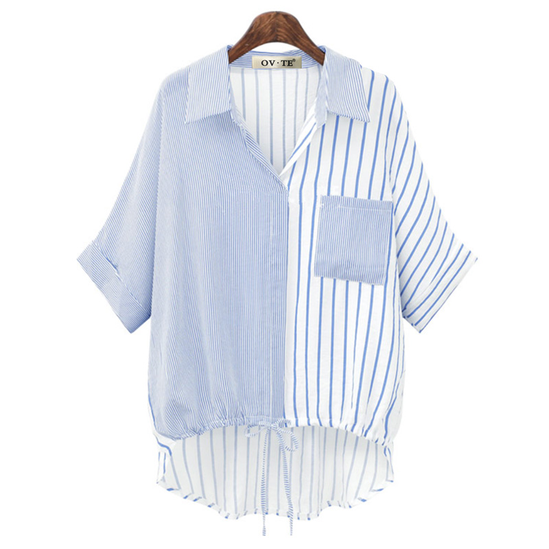 Irregular Hem Tie Color-block Striped Short-sleeved Shirt display picture 2