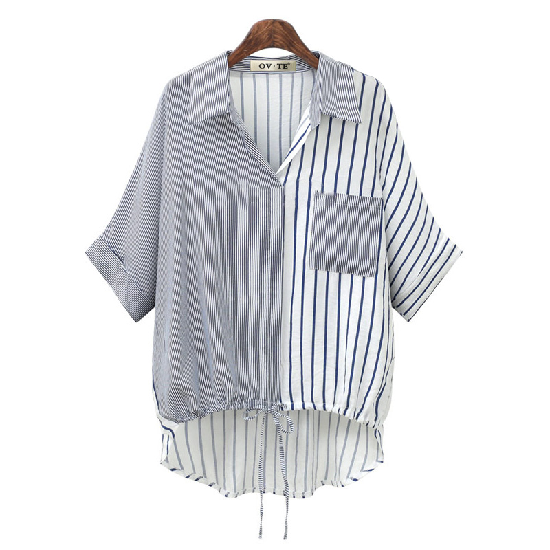 Irregular Hem Tie Color-block Striped Short-sleeved Shirt display picture 3