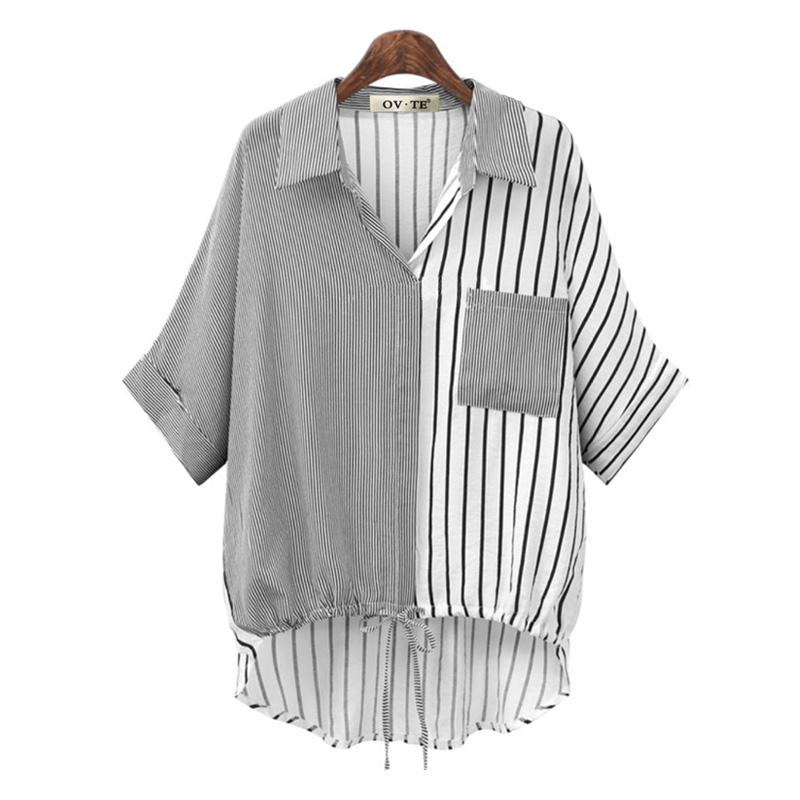 Irregular Hem Tie Color-block Striped Short-sleeved Shirt display picture 4