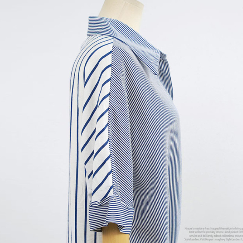 Irregular Hem Tie Color-block Striped Short-sleeved Shirt display picture 6