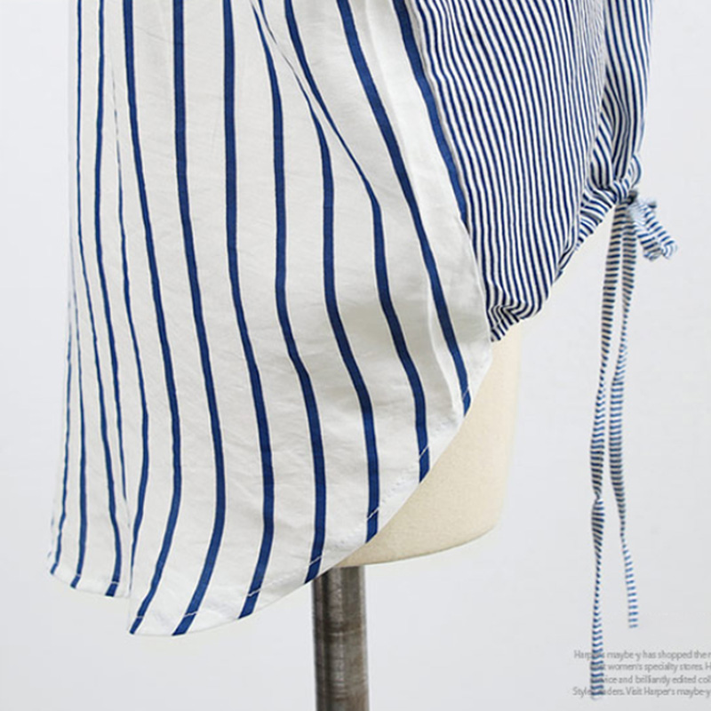 Irregular Hem Tie Color-block Striped Short-sleeved Shirt display picture 7