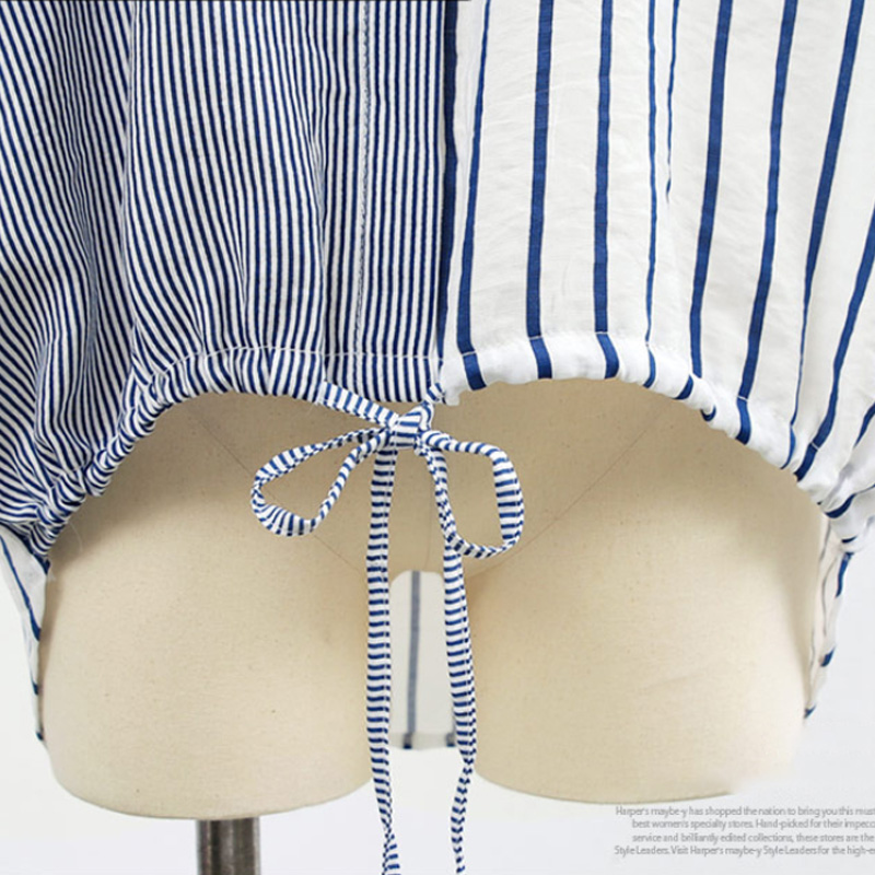 Irregular Hem Tie Color-block Striped Short-sleeved Shirt display picture 8