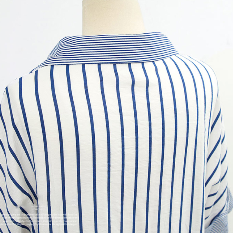 Irregular Hem Tie Color-block Striped Short-sleeved Shirt display picture 9