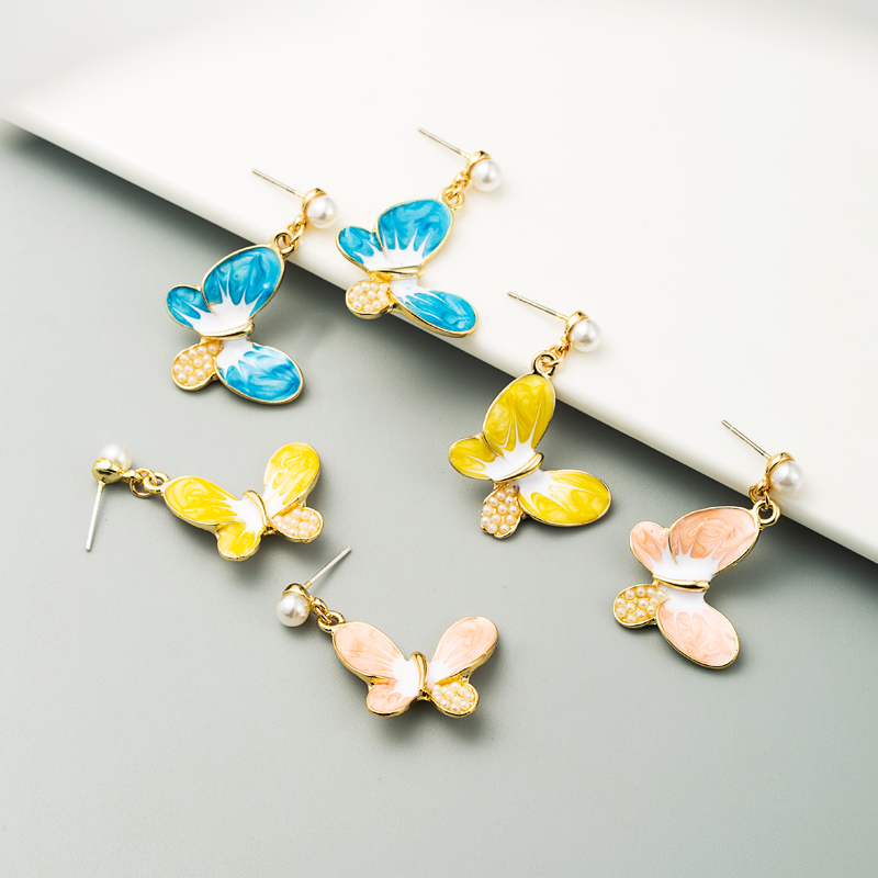 Fashion Alloy Drop Oil Inlaid Pearl Butterfly S925 Silver Needle Earrings display picture 1
