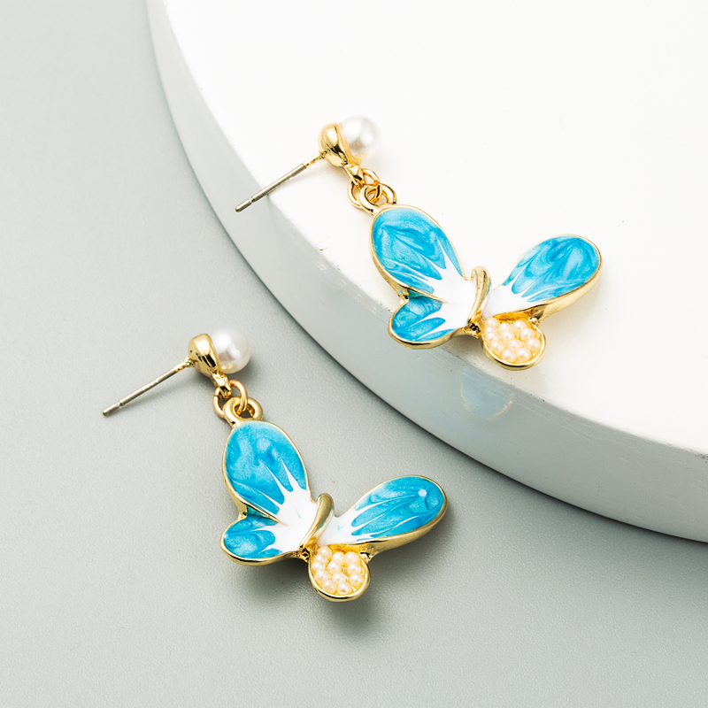 Fashion Alloy Drop Oil Inlaid Pearl Butterfly S925 Silver Needle Earrings display picture 2