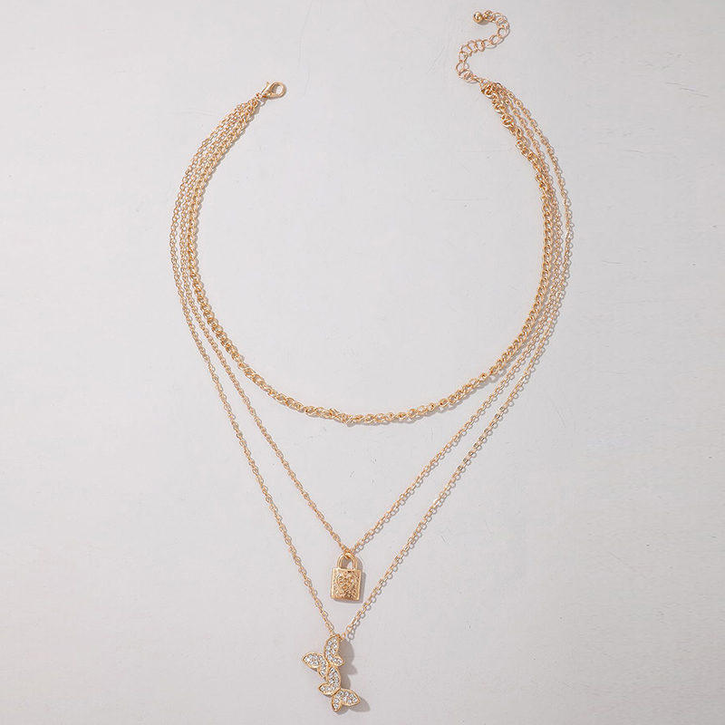 Einfache Mode Liebe Vorhängeschloss Anhänger Diamant Schmetterling Multilayer Halskette display picture 2