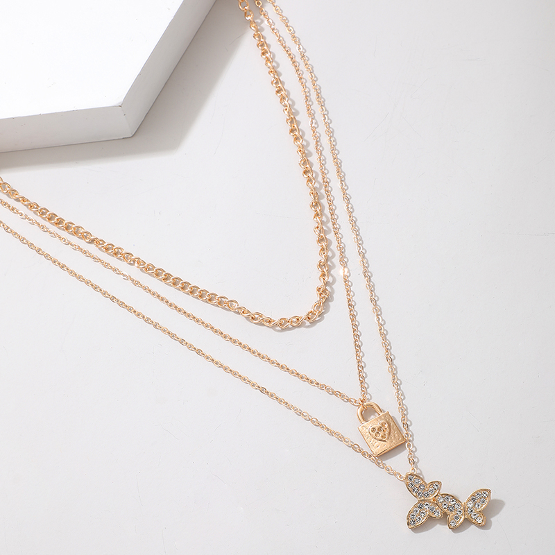 Einfache Mode Liebe Vorhängeschloss Anhänger Diamant Schmetterling Multilayer Halskette display picture 4