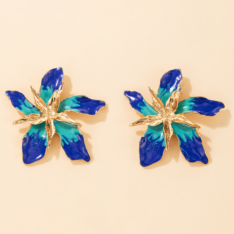 Fashion Style New Romantic Flower Blue Dripping Oil Earrings display picture 3
