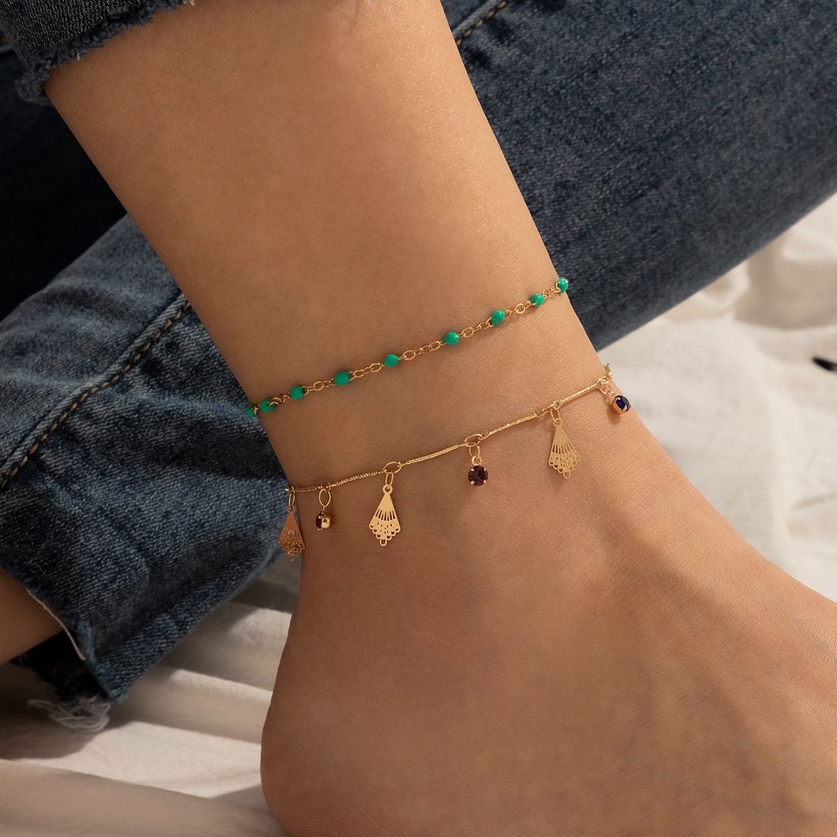 Bohemian Beach Style Fashion Rice Beads Diamond Double Layer Anklet display picture 1