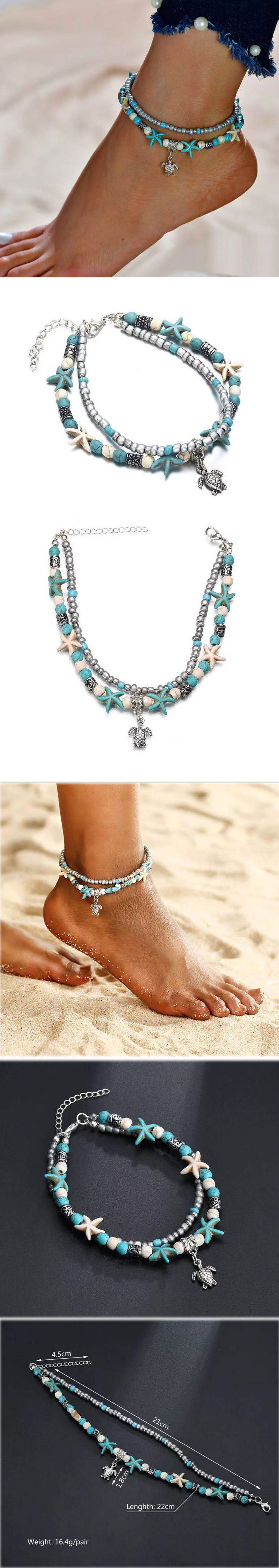 Fashion Simple Turquoise Starfish Tortoise Pendant Double Layer Anklet display picture 1
