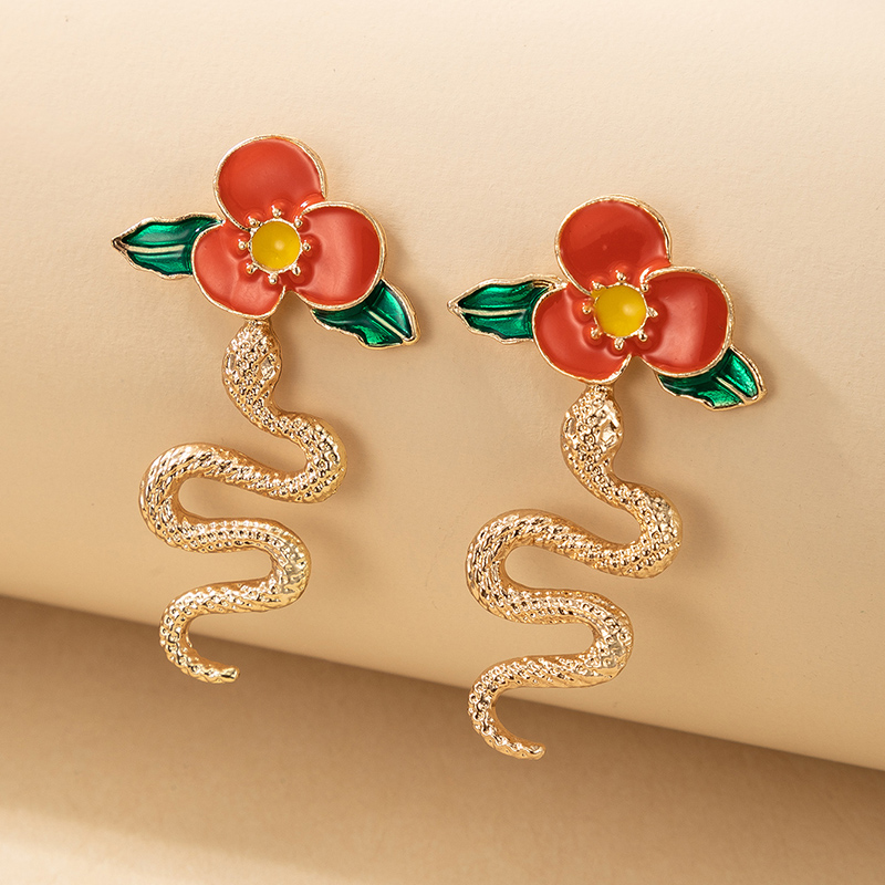 New Fashion Snake Shaped Oil Drop Flowers Alloy Stud Earrings display picture 1