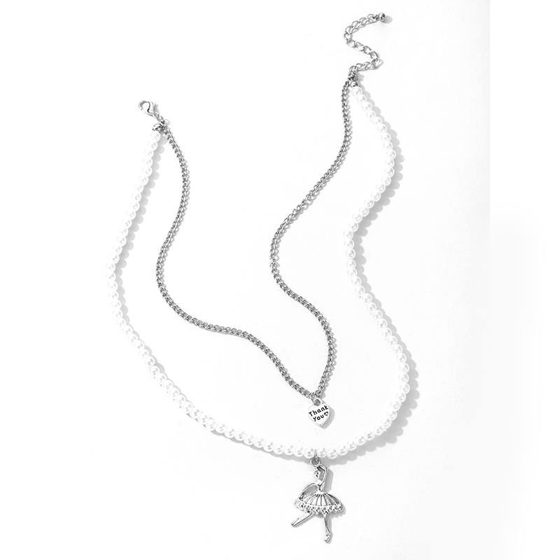 Simple Baroque Style Silver Love Pendant Pearl Dancing Girl Necklace 2-piece Set display picture 5
