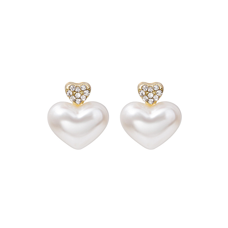 Boucles D&#39;oreilles Coeur De Pêche À Diamants Et Perles Simples display picture 4