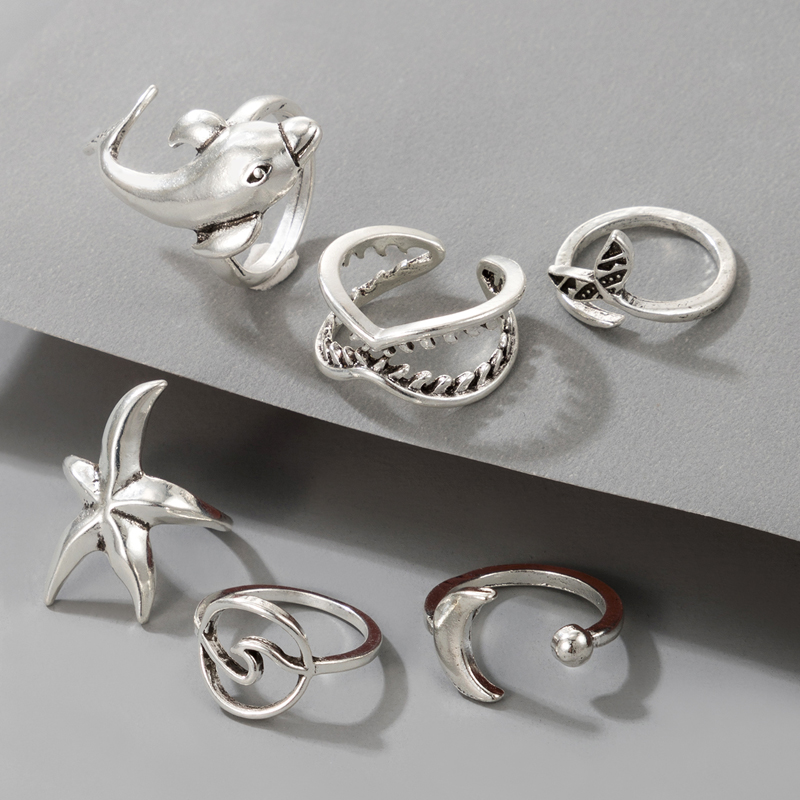 Nihaojewelry Jewelry Wholesale Silver Moon Fishtail Dolphin Teeth Starfish Ring Set display picture 1