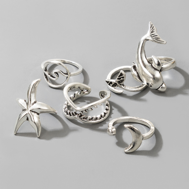Nihaojewelry Jewelry Wholesale Silver Moon Fishtail Dolphin Teeth Starfish Ring Set display picture 2