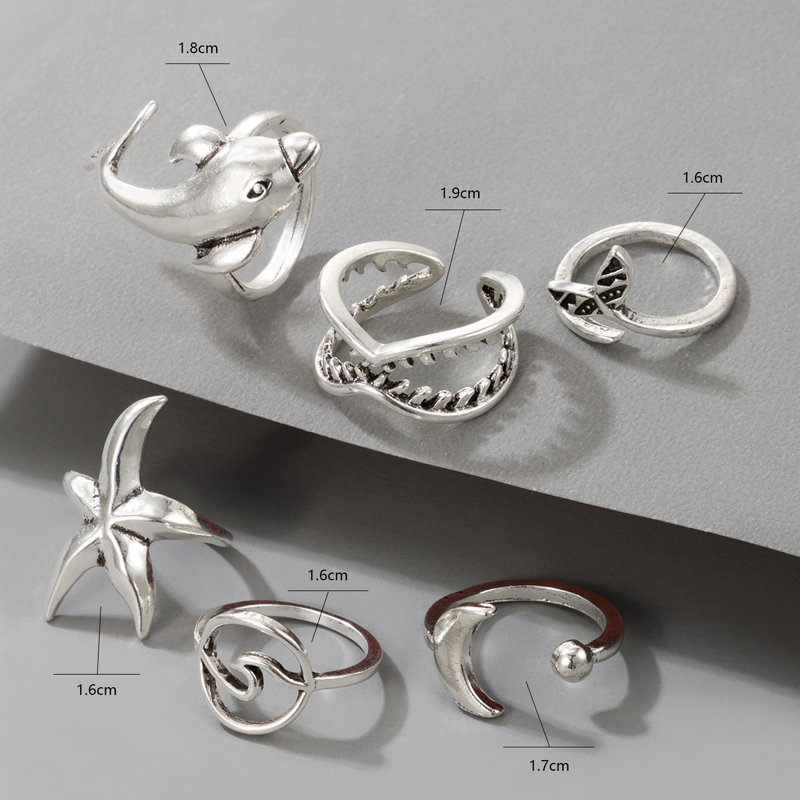 Nihaojewelry Jewelry Wholesale Silver Moon Fishtail Dolphin Teeth Starfish Ring Set display picture 4