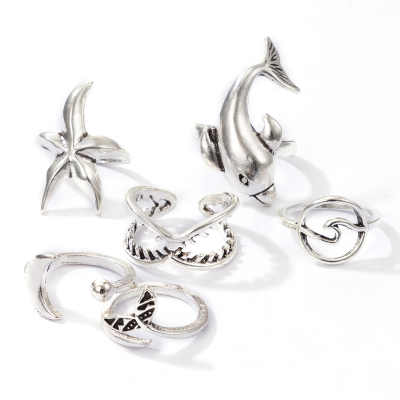 Nihaojewelry Jewelry Wholesale Silver Moon Fishtail Dolphin Teeth Starfish Ring Set display picture 6
