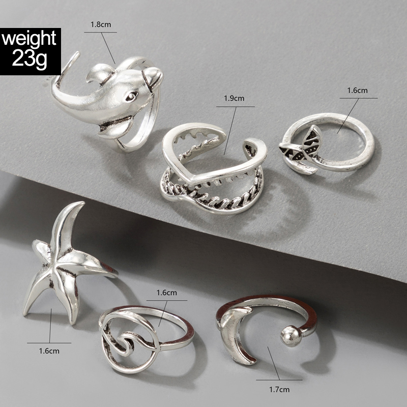 Nihaojewelry Jewelry Wholesale Silver Moon Fishtail Dolphin Teeth Starfish Ring Set display picture 9
