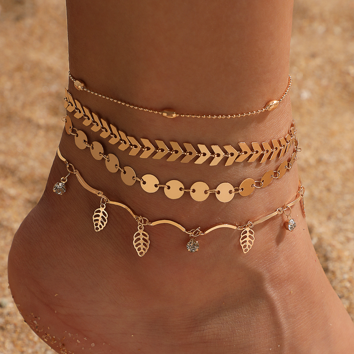 Wholesale Jewelry Geometric Triangle Arrow Hollow Leaf Anklet 4-piece Set Nihaojewelry display picture 4