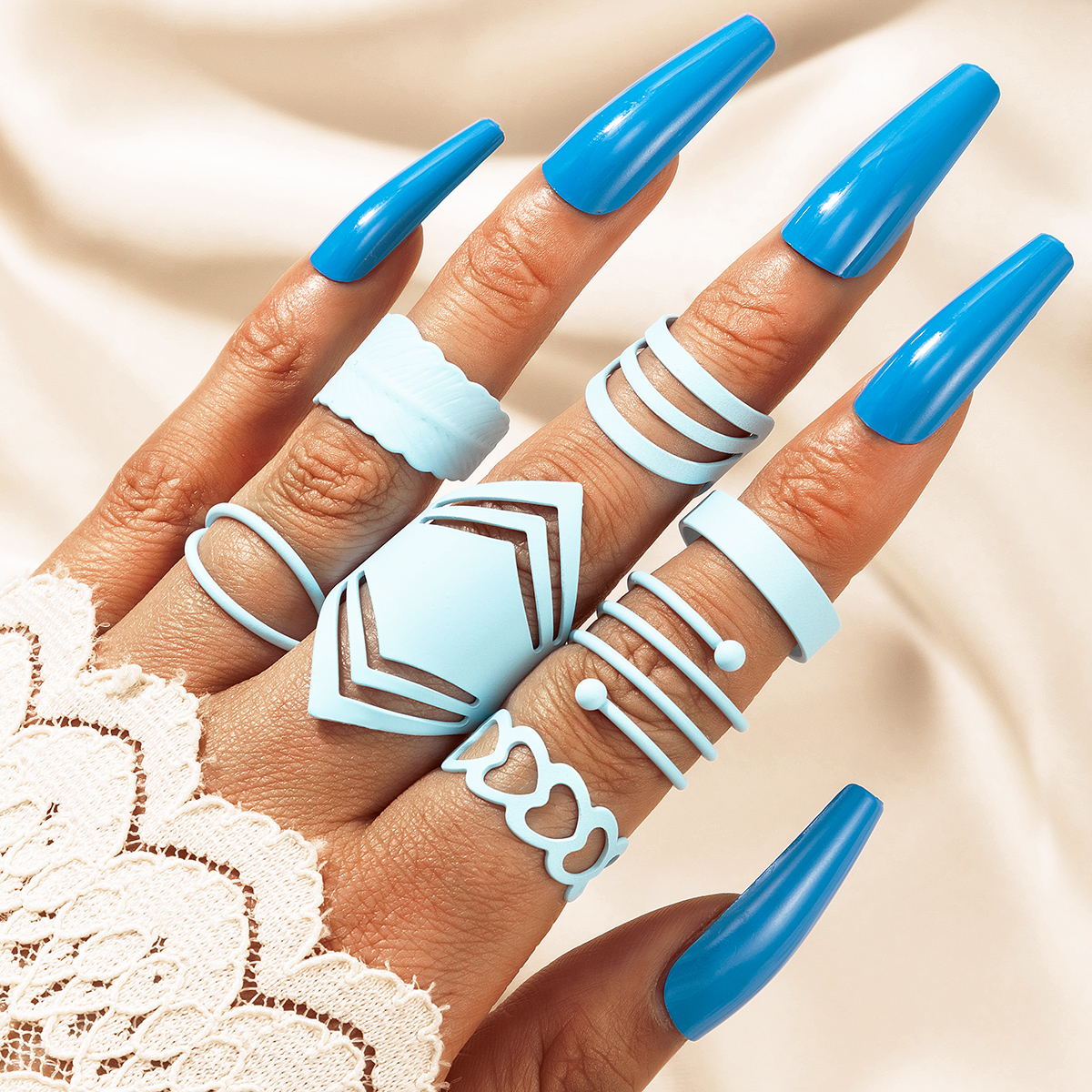 Simple Blue Love Leaf Spiral Ring 7-piece Set display picture 1