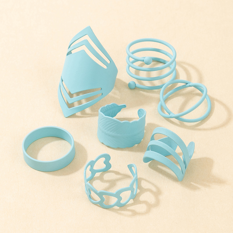 Simple Blue Love Leaf Spiral Ring 7-piece Set display picture 3