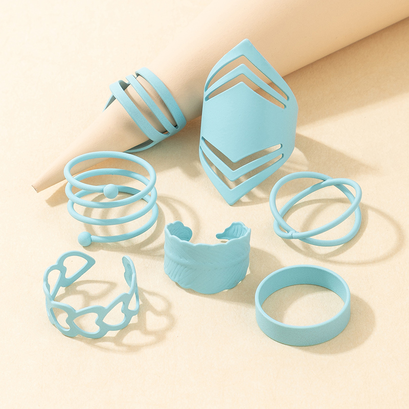 Simple Blue Love Leaf Spiral Ring 7-piece Set display picture 5