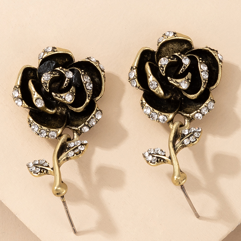 Nihaojewelry Jewelry Wholesale Retro Black Rose Diamond Earrings display picture 1