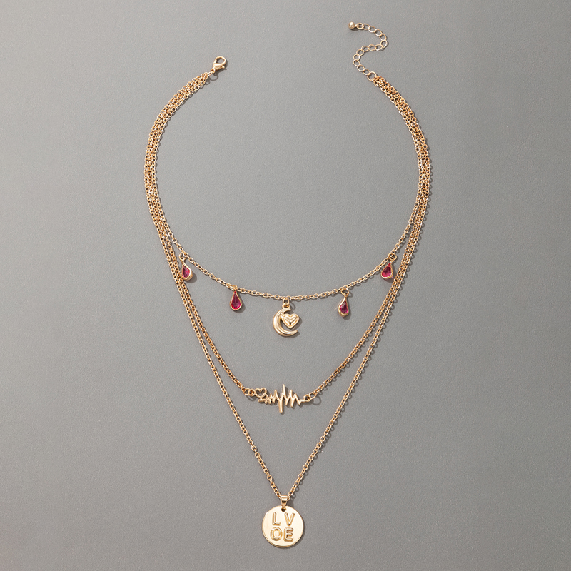 Rhinestone Tassel Moon Peach Heart Letter Pendant Three-layer Necklace display picture 1