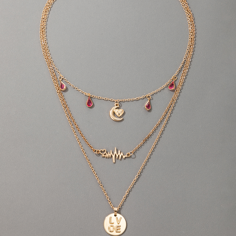 Rhinestone Tassel Moon Peach Heart Letter Pendant Three-layer Necklace display picture 3