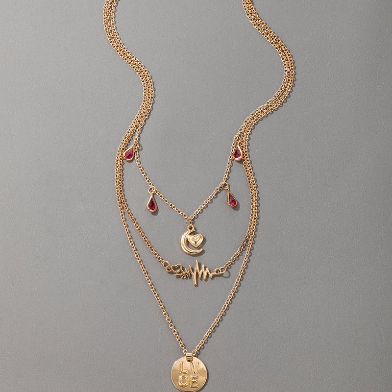 Rhinestone Tassel Moon Peach Heart Letter Pendant Three-layer Necklace display picture 4