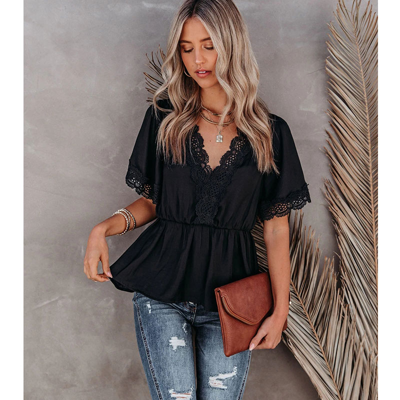 Fashion Lace Stitching Big V-neck Short-sleeved Lace-up Top display picture 2