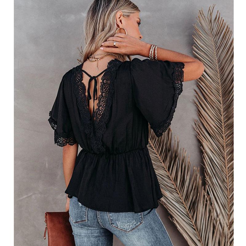 Fashion Lace Stitching Big V-neck Short-sleeved Lace-up Top display picture 4