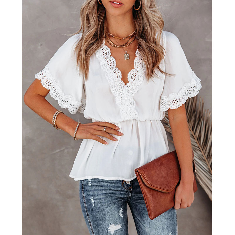 Fashion Lace Stitching Big V-neck Short-sleeved Lace-up Top display picture 5
