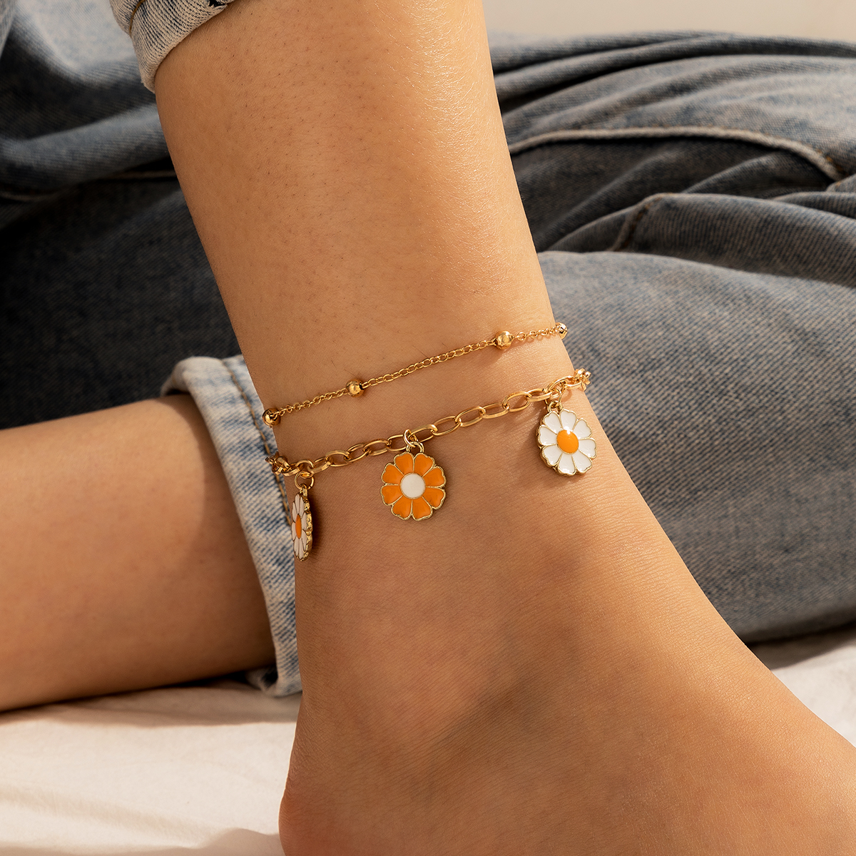 Simple Flower Small Daisy Anklet 2-piece Set display picture 1