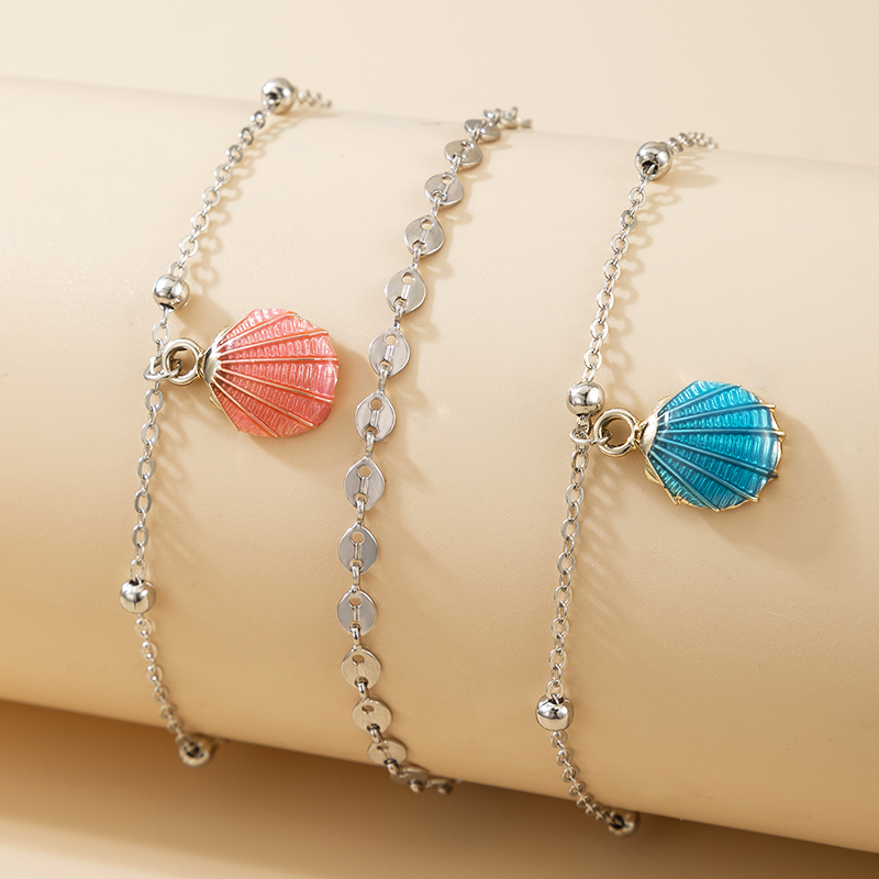 Bohemian Pink Blue Shell Silver Circle Anklet display picture 1