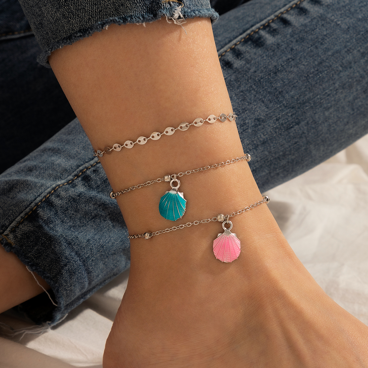 Bohemian Pink Blue Shell Silver Circle Anklet display picture 5