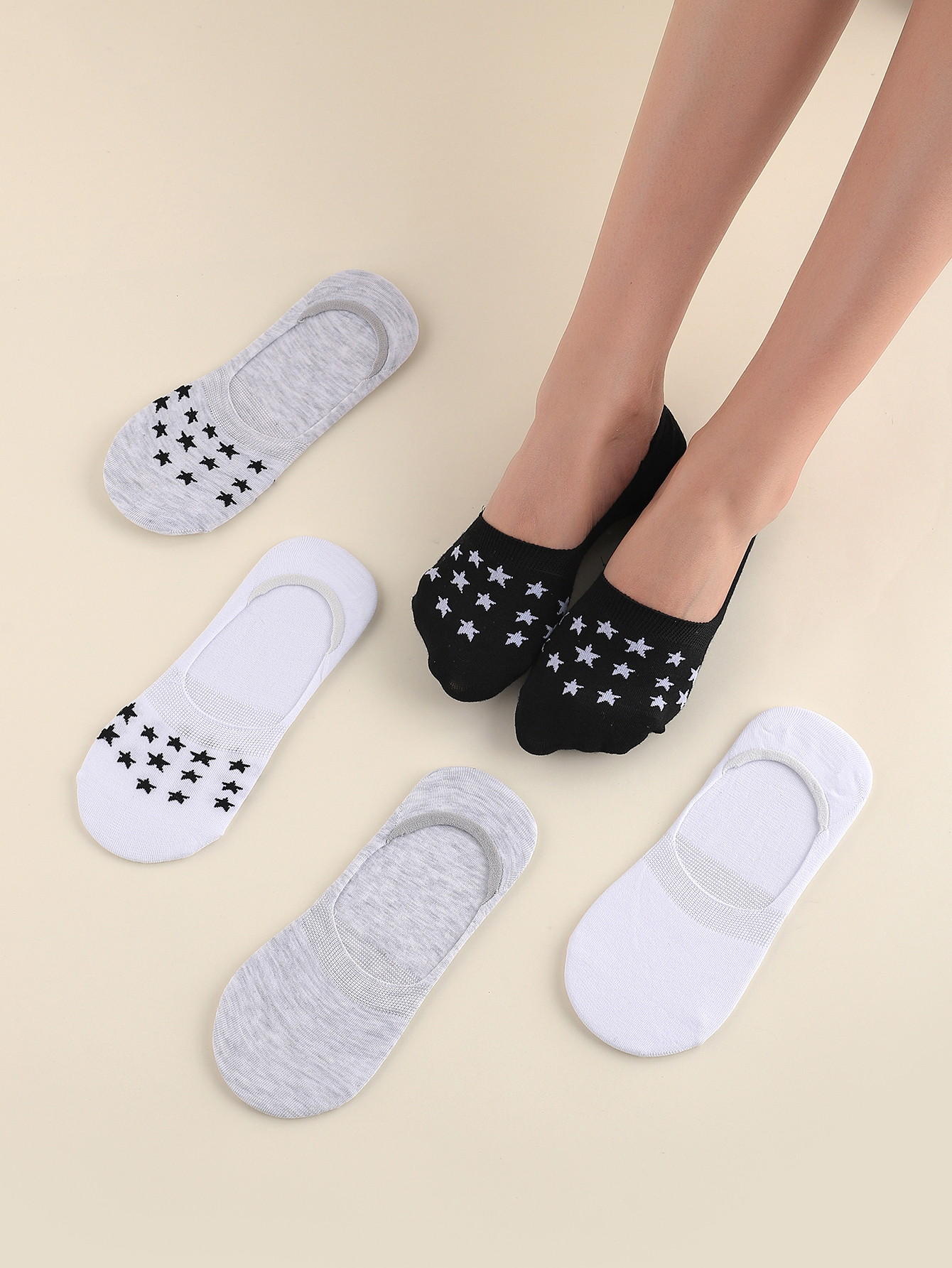Black And White Star Summer Women's Socks 5 Pairs Set display picture 1