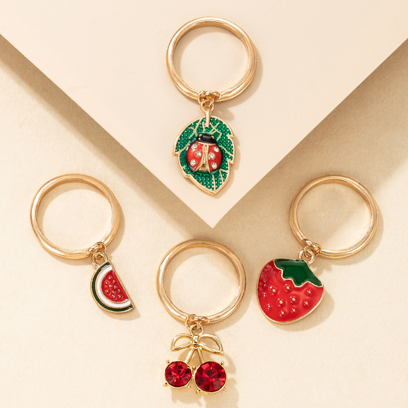 Nihaojewelry Wholesale Jewelry New Cherry Watermelon Strawberry Ladybug Oil Drip Ring 4-piece Set display picture 2