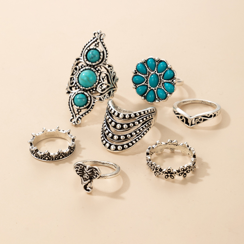 Nihaojewelry Wholesale Jewelry Bohemian Flower Geometric Alloy Turquoise Ring 7-piece Set display picture 1