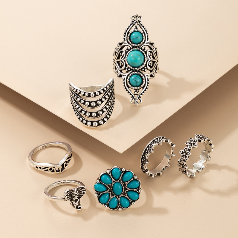 Nihaojewelry Wholesale Jewelry Bohemian Flower Geometric Alloy Turquoise Ring 7-piece Set display picture 2