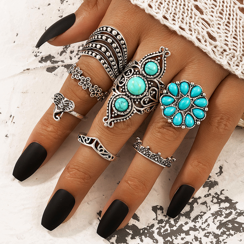 Nihaojewelry Wholesale Jewelry Bohemian Flower Geometric Alloy Turquoise Ring 7-piece Set display picture 3