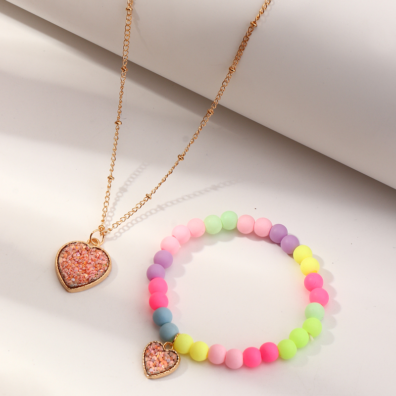 Nihaojewelry Wholesale Jewelry Korean Candy Color Beaded Heart Pendant Children's Bracelet Necklace Set display picture 1