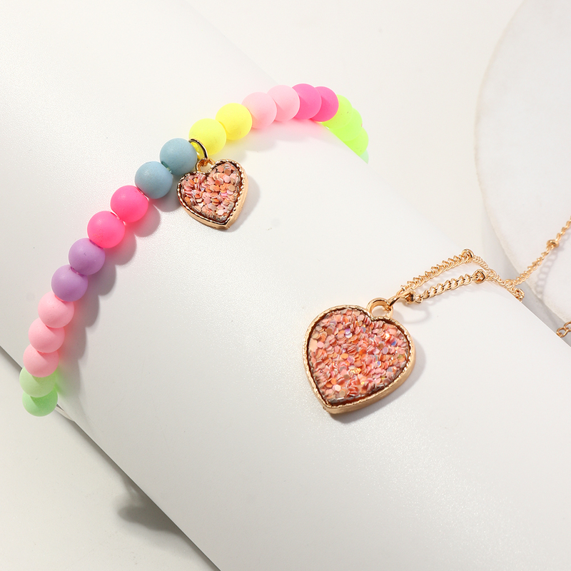 Nihaojewelry Wholesale Jewelry Korean Candy Color Beaded Heart Pendant Children's Bracelet Necklace Set display picture 2