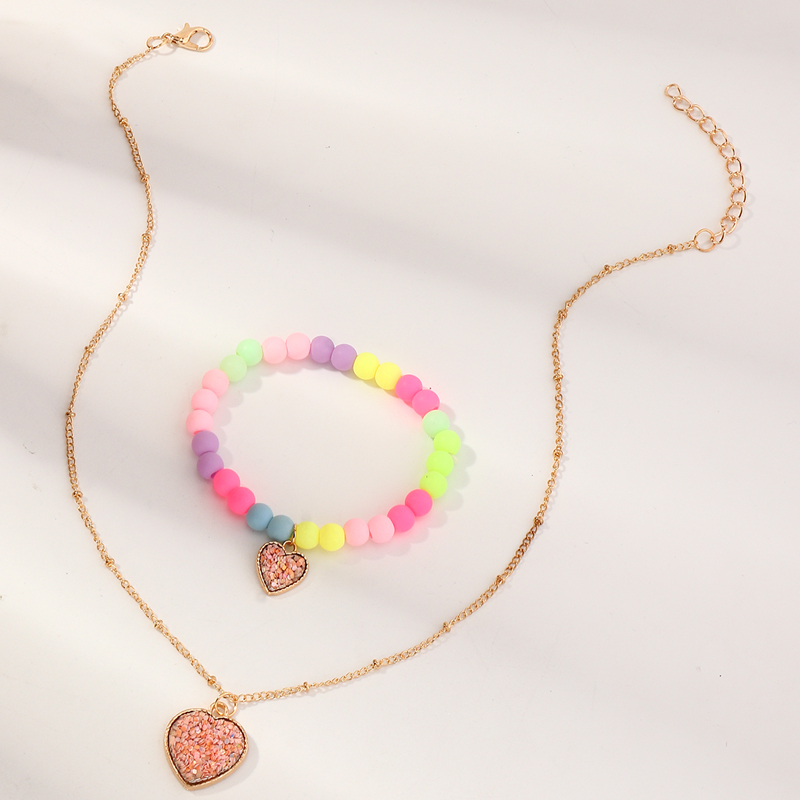 Nihaojewelry Wholesale Jewelry Korean Candy Color Beaded Heart Pendant Children's Bracelet Necklace Set display picture 4