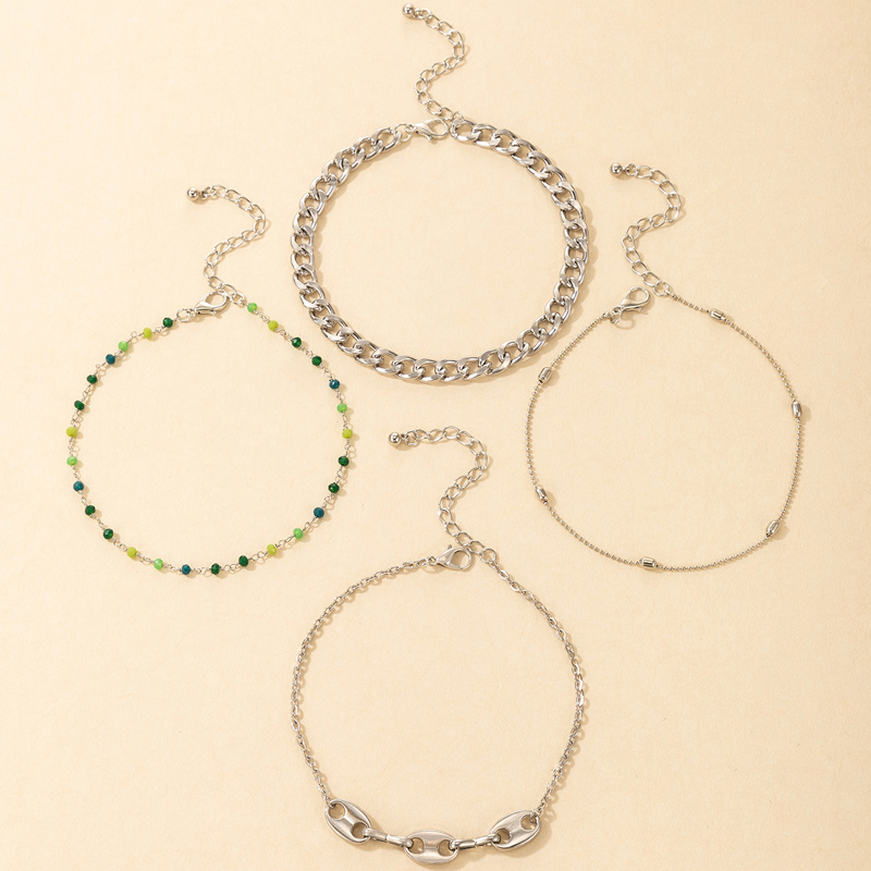 Wholesale Jewelry Retro Green Rice Beads Thick Chain Anklets 4-piece Set Nihaojewelry display picture 2