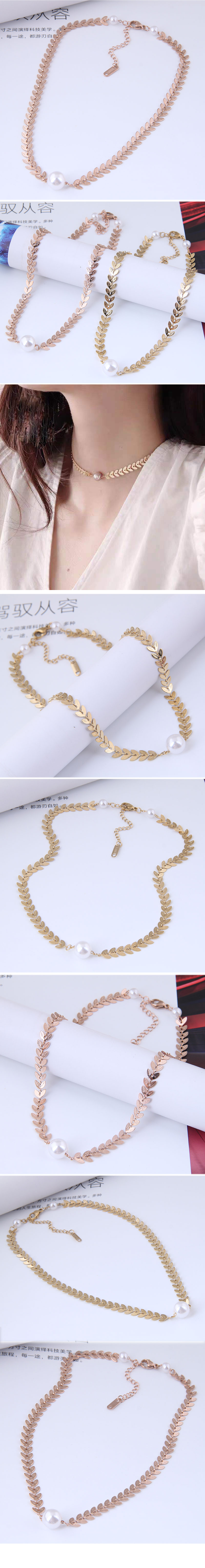 Nihaojewelry Jewelry Wholesale Korean Leaf Pearl Titanium Steel Short Necklace display picture 1
