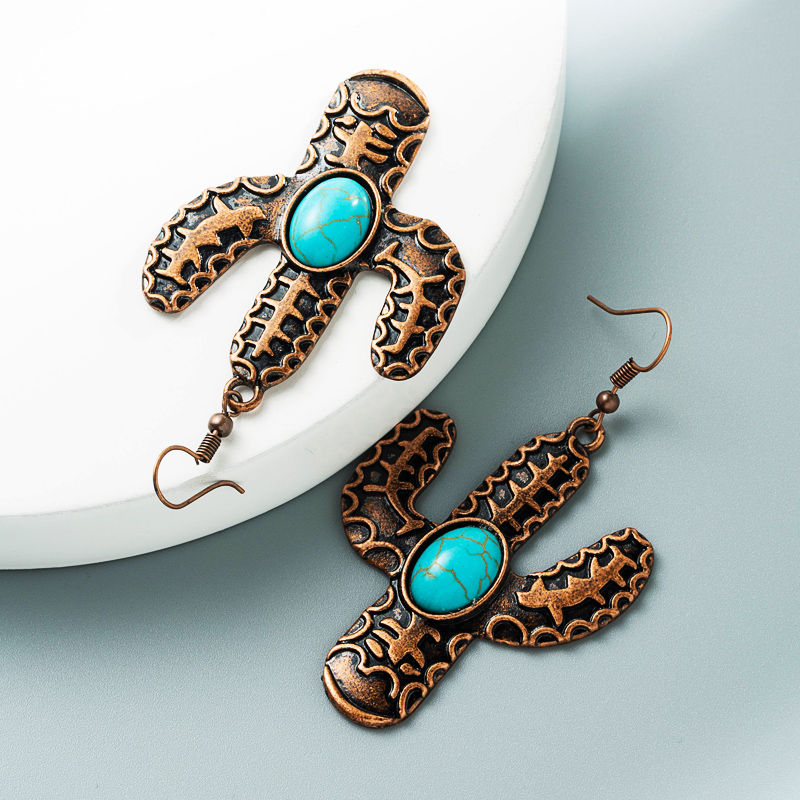 Wholesale Fashion Alloy Inlaid Turquoise Cactus Earrings Nihaojewelry display picture 4